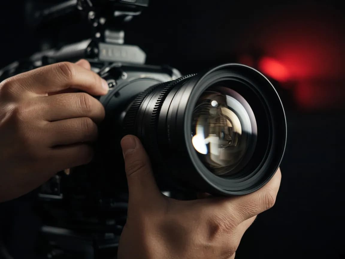 Hands adjusting a cinema lens reflecting studio lights