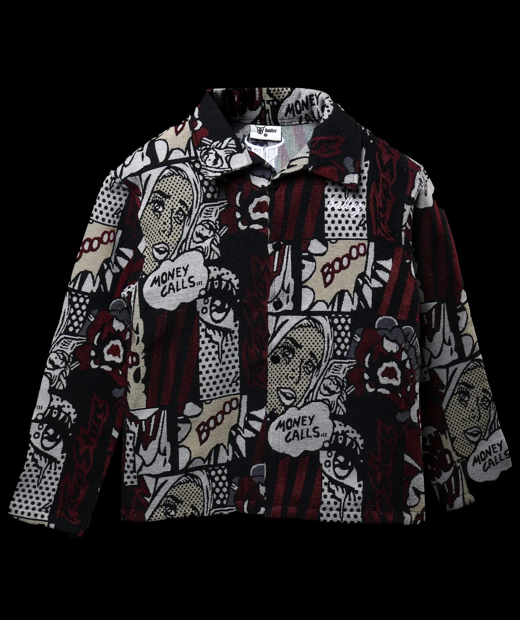 Pop-art printed jacket on black, full catalogue shot