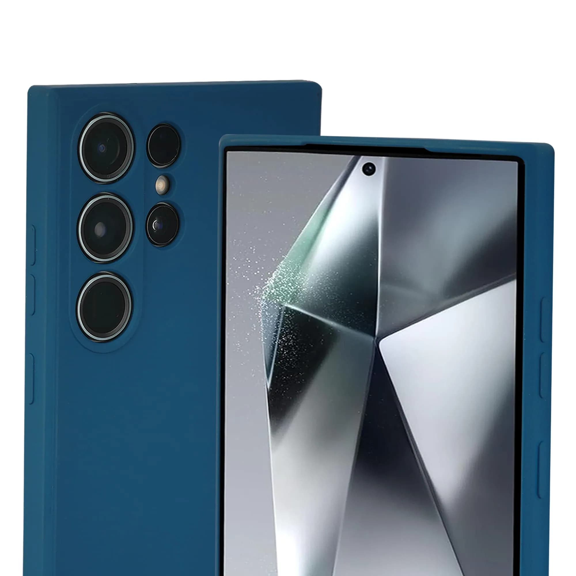 Smartphone in a blue case shown front and back