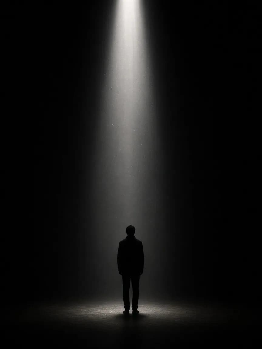 Silhouetted figure standing inside a shaft of light in an empty studio